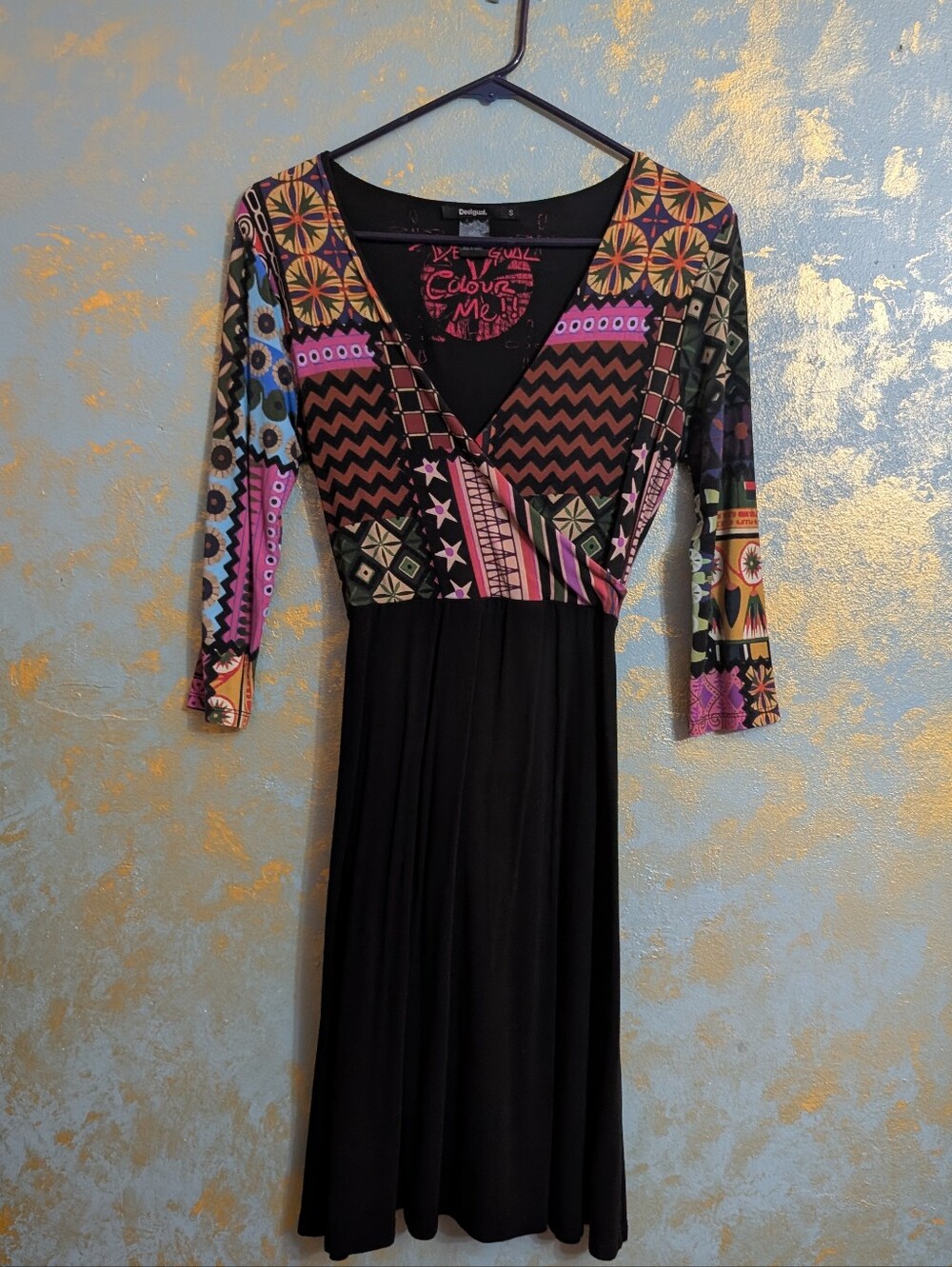 Desigual Black Dress with Multicolor Geometric Bodice Size S
